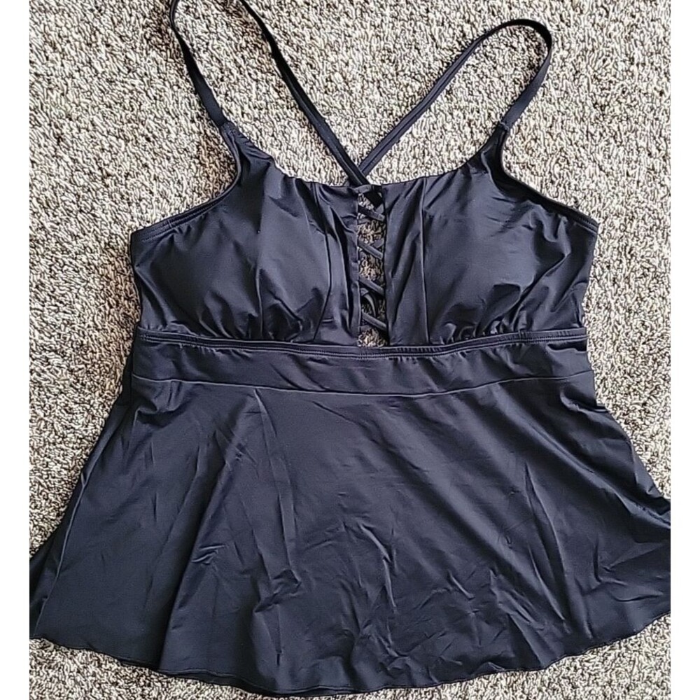 Lands' End 18W Lace-up Flutter Tankini Swimsuit Top Black Solid Padded Bra S1130